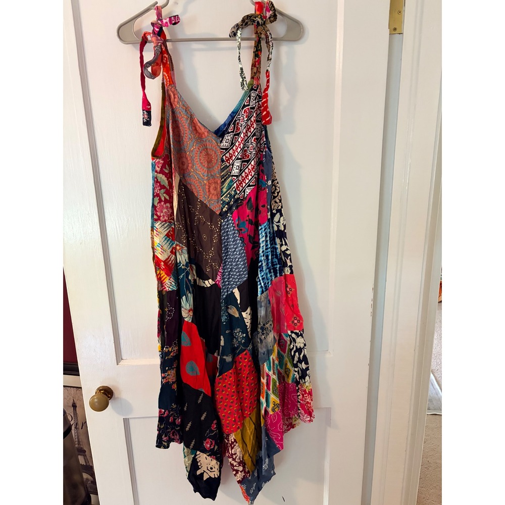 Boho Patchwork Tie Strap Handkerchief Hem Midi Buddha Romper Floral V-Neck
